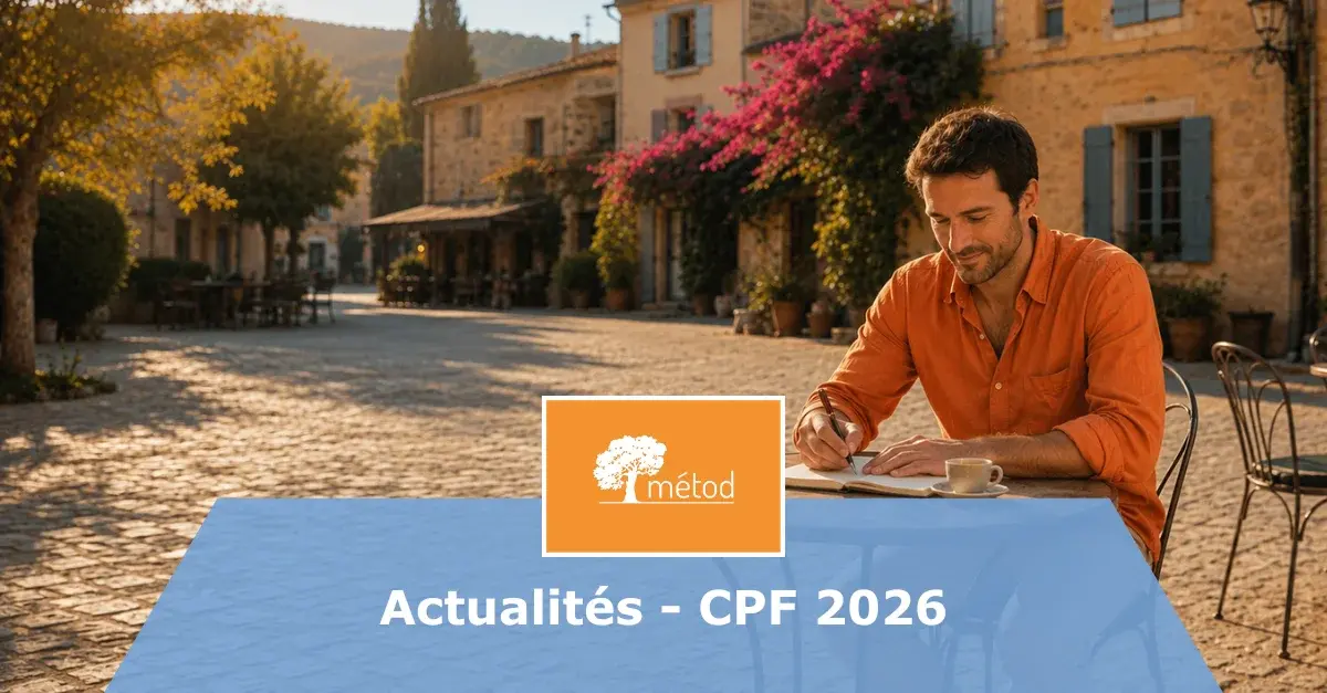 Homme de 30-40 ans assis en terrasse de café en Provence. Il écrit sur un carnet. L'image est la vignette de l'article Métod sur l'actualité CPF 2026 pour les bilans de compétences.