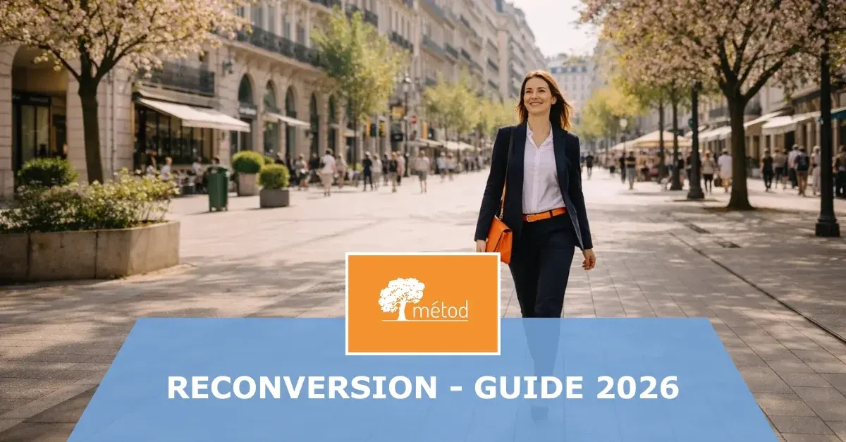 Personne souriante dans une avenue d'une grande ville après avoir réalisé son projet de reconversion professionnelle. Logo du cabinet de psychologie du travail Métod. Bandeau indiquant un guide sur la reconversion professionnelle.