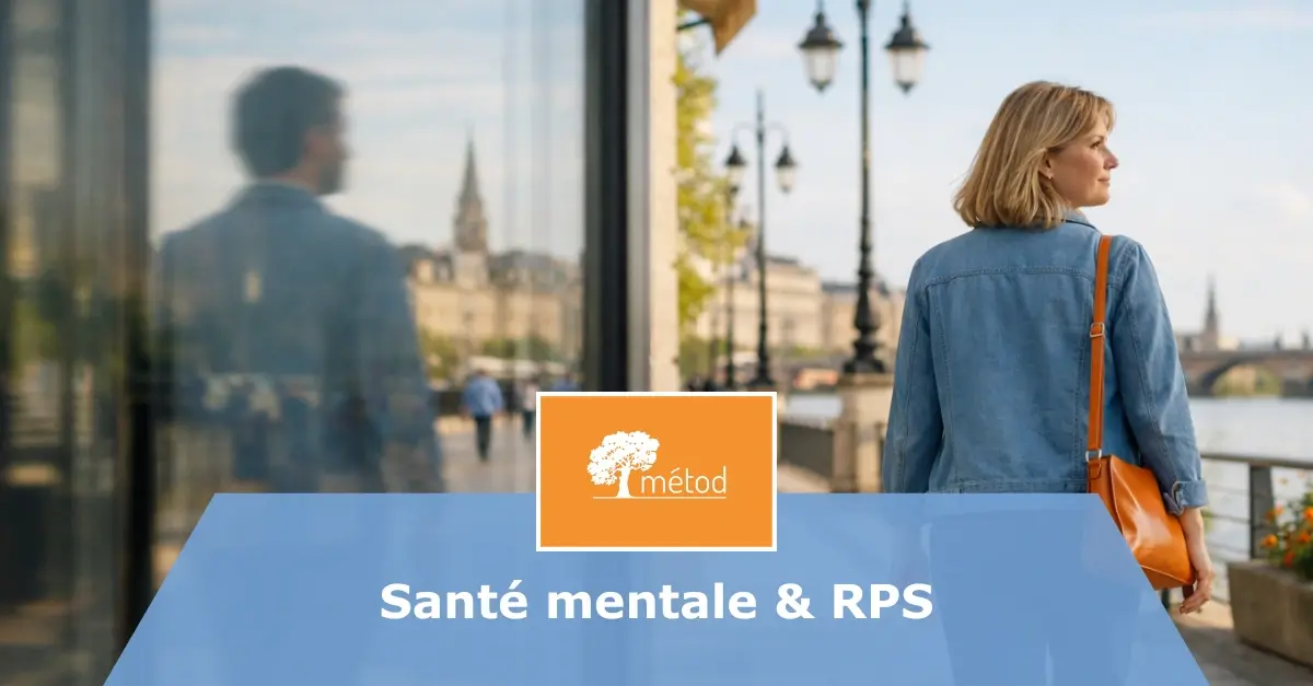 Le traumatisme vicariant est un phénomène psychologique touchant les professionnels en lien avec des personnes en état de stress post-traumatique. L'image montre une adulte marchant près du fleuve à Bordeaux, le reflet présente une autre personne. Découvrez l'article Métod, cabinet de psychologie du travail sur le TV : L'empreinte de l'Autre.